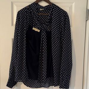 Michael Kors Navy and White Polka Dot Tie-Neck Blouse